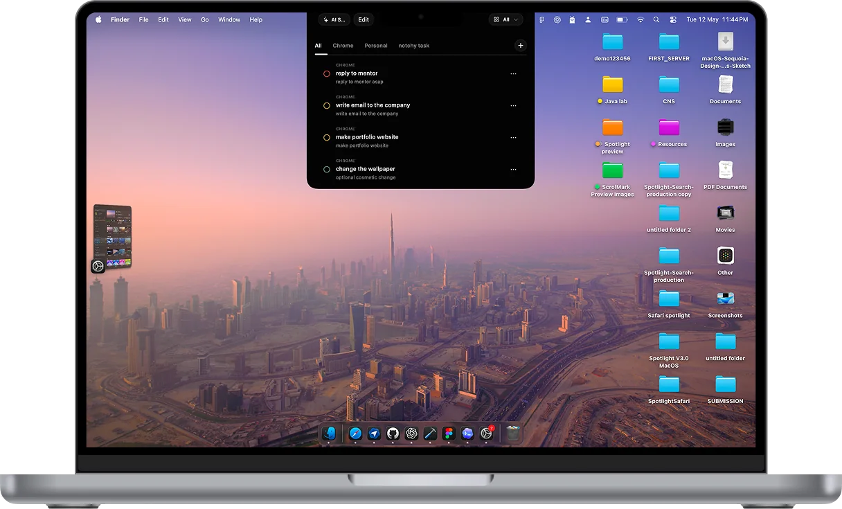 NotchyTask open below the MacBook notch, with section tabs, task checkboxes, and priority explanations