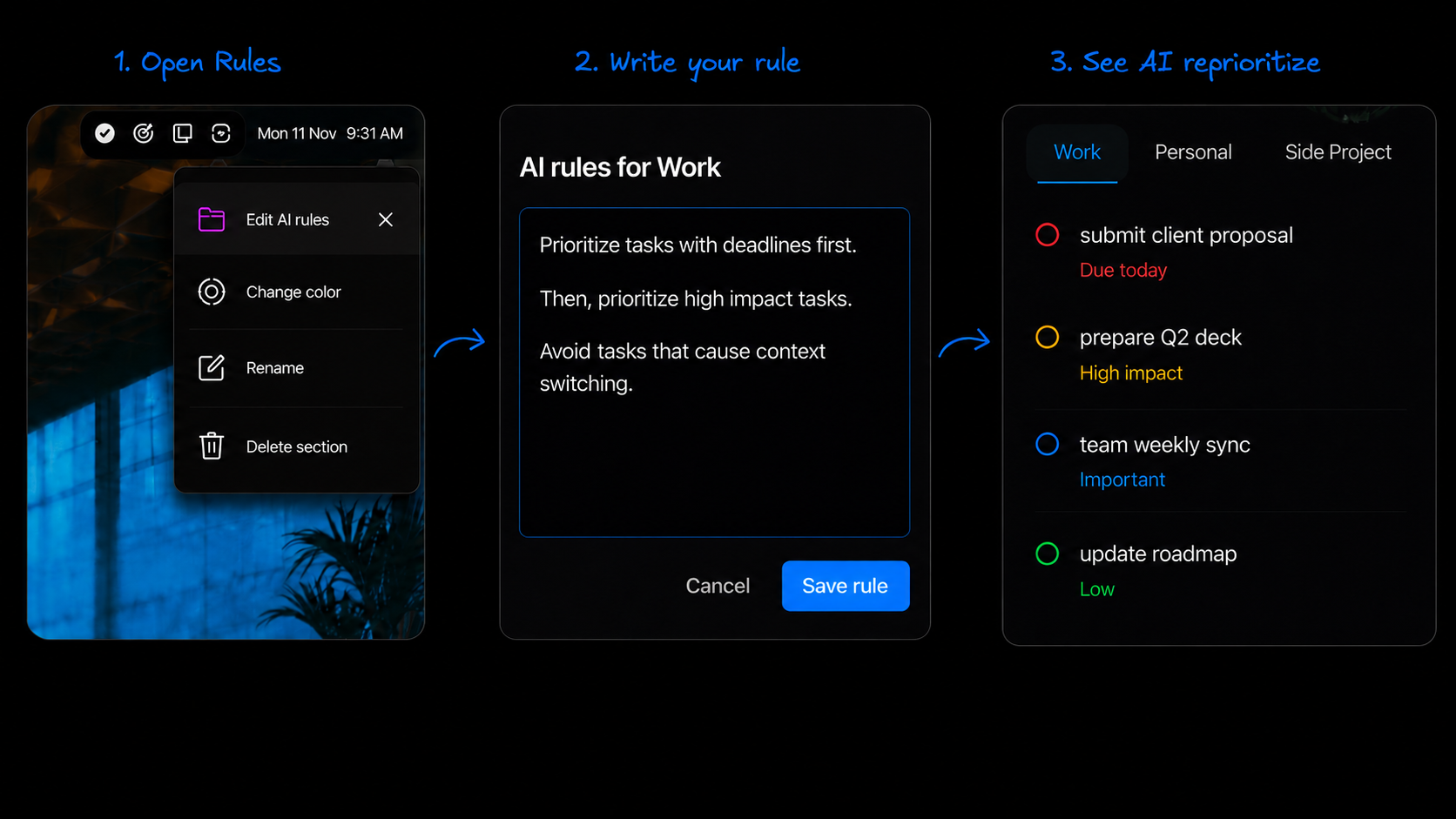 Rule creation panel and AI section settings