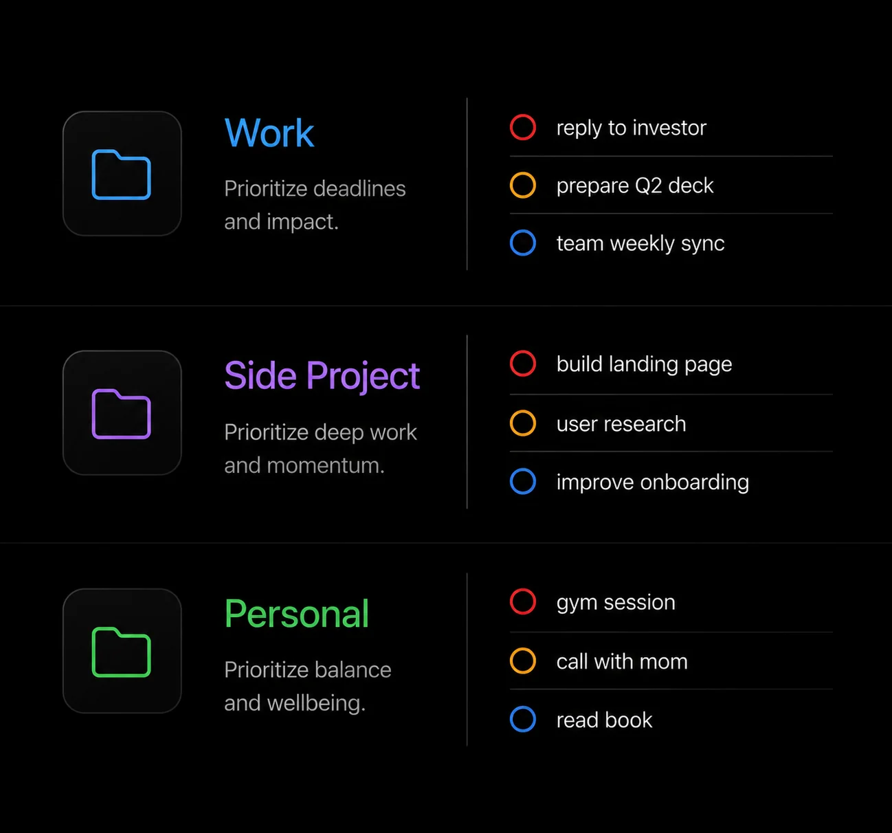 NotchyTask section settings for organizing work, personal tasks, and side projects